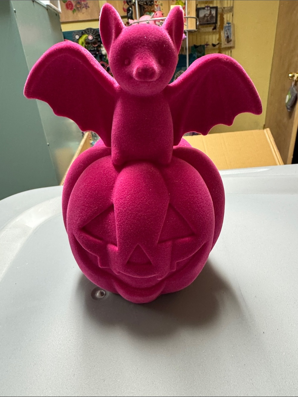 Ashland Hot Pink Flocked Bat on Jack-O'-Lantern Figurine